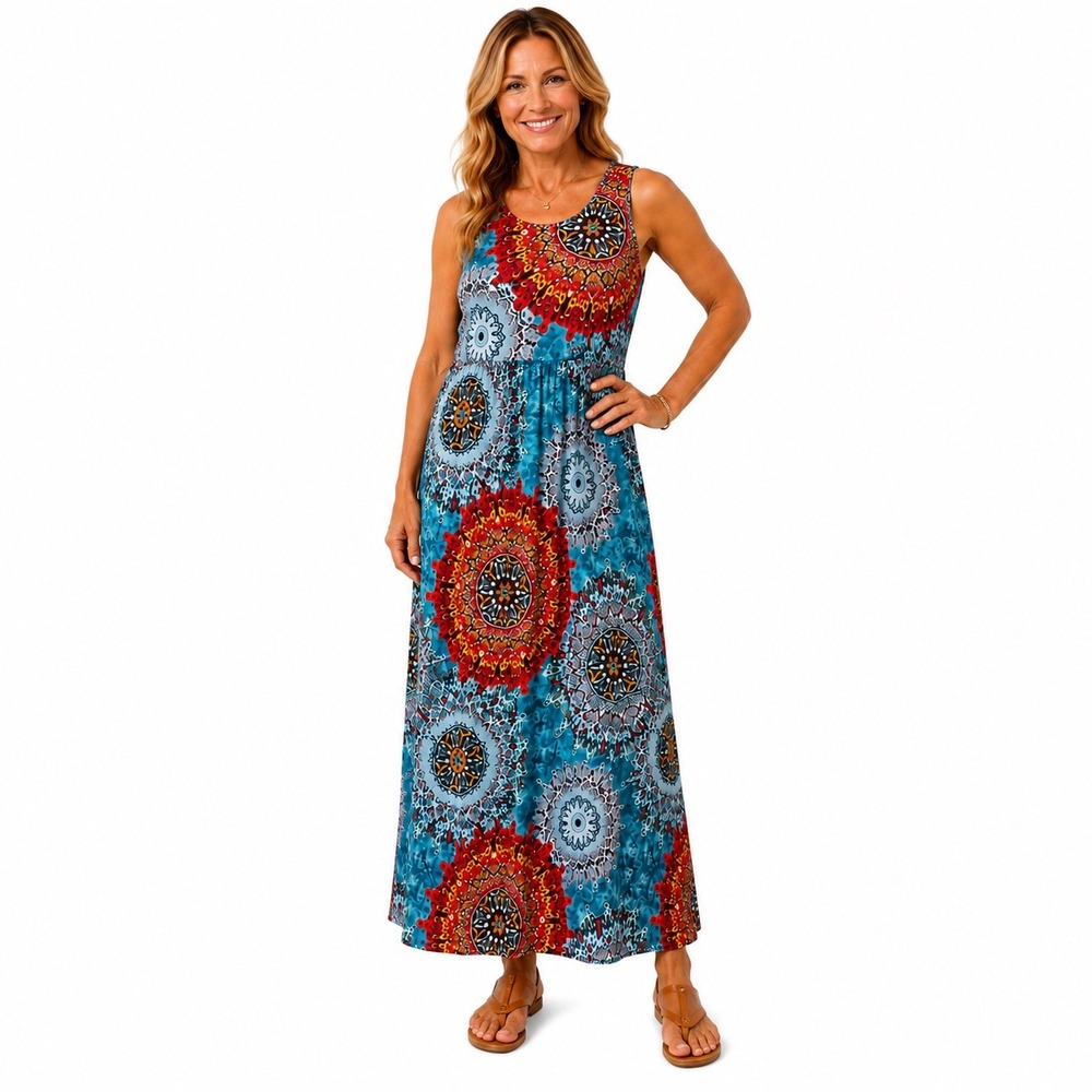 Mandala Blue Multi Print Sleeveless Maxi Dress with Pockets Boho Pockets Tall